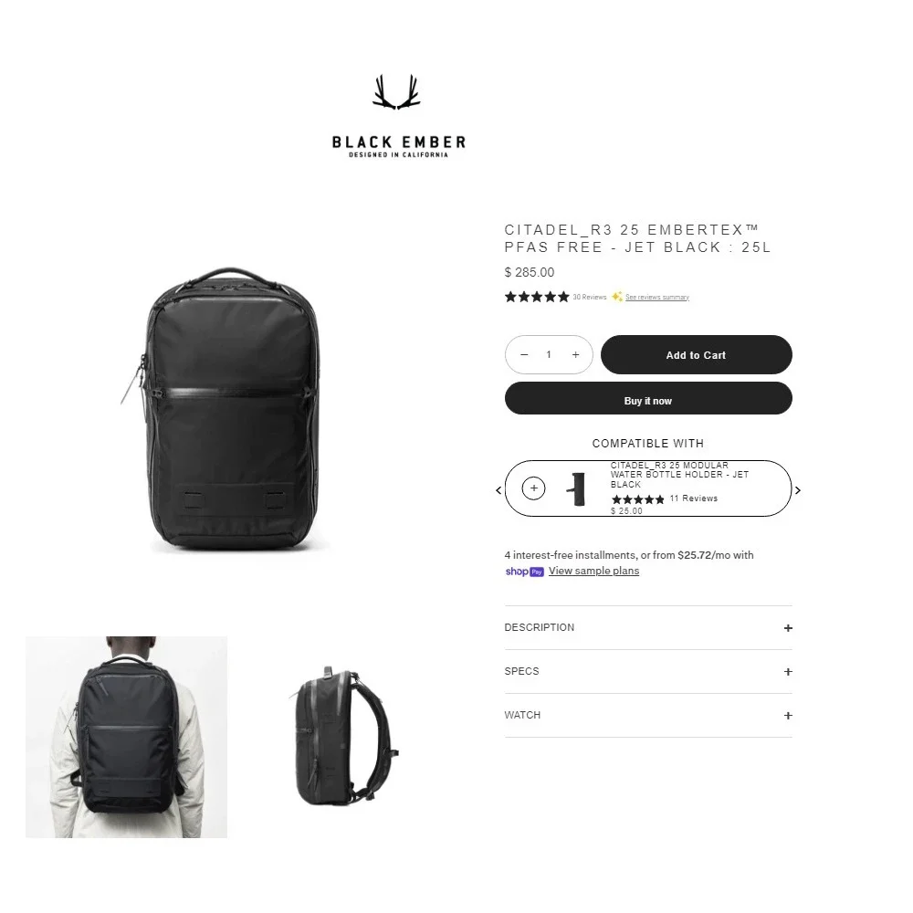 Black Ember Citadel R3 EmberTex 25L Tactical Backpack Ballistic Black Travel Bag